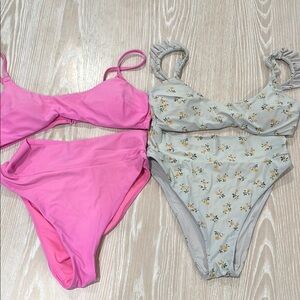 Aerie Pink and Floral Bikini Set high waisted sz M medium